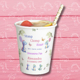 Schattige Roze Meisje Dinosaurus 1e Verjaardagsfee Papieren Bekers