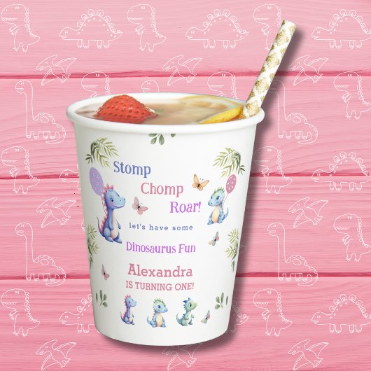 Schattige Roze Meisje Dinosaurus 1e Verjaardagsfee Papieren Bekers