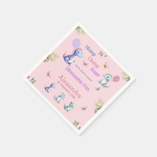 Schattige Roze Meisje Dinosaurus 1e Verjaardagsfee Servet (Hoek)