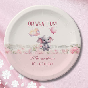 Schattige Roze Meisje Olifant 1e Verjaardagsfeest Papieren Bordje