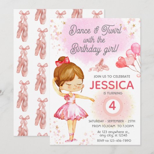 Schattige Roze meisje verjaardagsballetfeest Uitno Kaart (Voorkant / Achterkant)