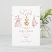 Schattige roze meisje waslijn Baby shower Kaart (Staand voorkant)