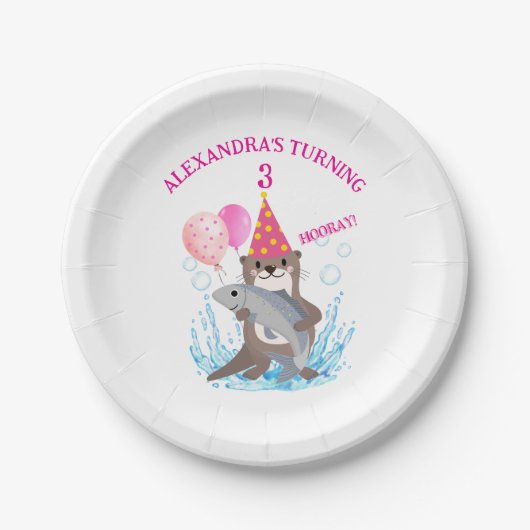 Schattige Roze Meisje Zee Otter Verjaardagsfeest Papieren Bordje (Voorkant)