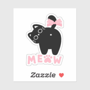 Schattige Roze “Meow” Kat Kawaii Zwarte Kitty Meis Sticker