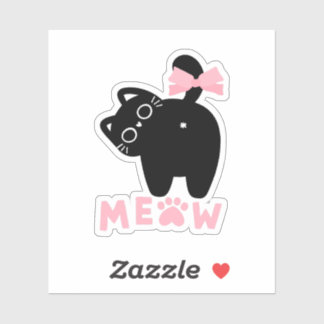 Schattige Roze “Meow” Kat Kawaii Zwarte Kitty Meis Sticker