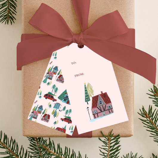 Schattige Roze Noords skidorp Kerstfeest Cadeaulabel