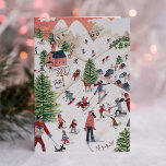 Schattige roze Nordic Winter Kerstmis Feestdagen Kaart<br><div class="desc">Schattige roze en groen met een Scandinavisch alpine skidorpje met huizen en een schattig kerkje en veel mensen en kinderen die winterplezier hebben voor Kerstmis in natuur met witte sneeuw onder de kerstbomen in de bergen. Origineel kunstwerk van Caroline Bonne Müller</div>