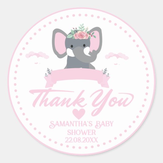 Schattige Roze olifant bloemendank u baby shower Ronde Sticker (Voorkant)