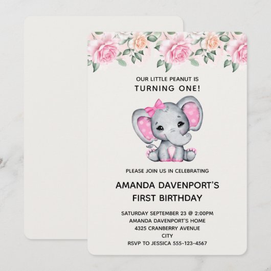 Schattige Roze Olifant en Rozen Border Birthday In Kaart (Voorkant / Achterkant)