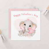 Schattige Roze Olifant Hart Meisje Valentijnsdag K Kaart (Voorkant / Achterkant in situ)