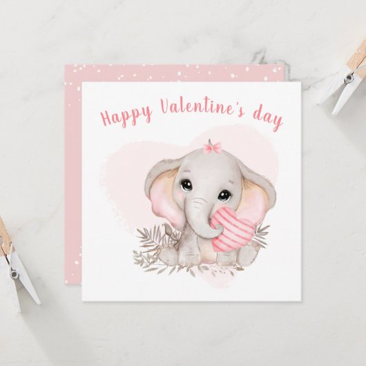 Schattige Roze Olifant Hart Meisje Valentijnsdag K Kaart (Voorkant / Achterkant in situ)