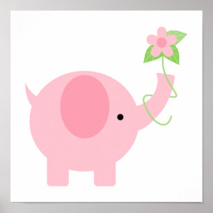 Schattige Roze Olifant met Bloemen Poster
