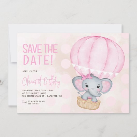 Schattige Roze Olifantballon 1e Verjaardag Save The Date (Voorkant)