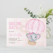 Schattige Roze Olifantballon 1e Verjaardag Save The Date (Staand voorkant)