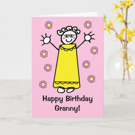 Schattige Roze Oma die Grappige Cartoon Verjaardag Kaart (Gele Bloem)