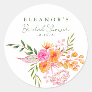 Schattige Roze Oranje Bloemige Waterverf Bruidsdou Ronde Sticker