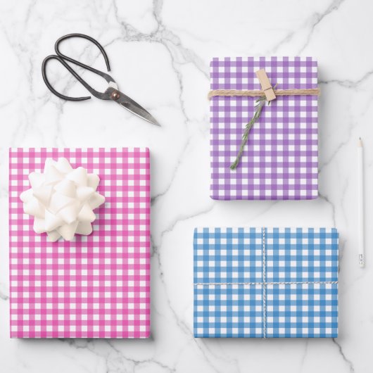 Schattige Roze Paarse Blauwe Gingham Patroon Inpakpapier Vel (Voorkant)