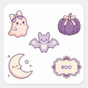 Schattige Roze Paarse Halloween Geest Vleermuis Po Vierkante Sticker