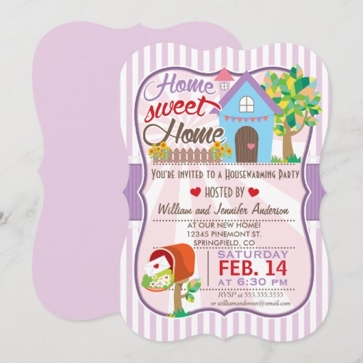 Schattige Roze & Paarse, Hearts Housewarming Party Kaart (Voorkant / Achterkant)