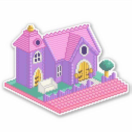 Schattige Roze Paarse Pixel Art 90s Speelgoed Kerk Sticker (Voorkant)