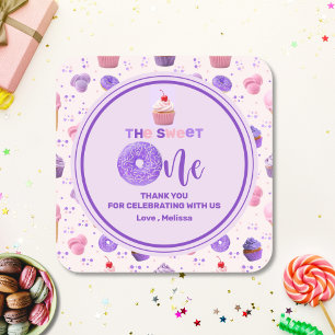 Schattige Roze Paarse Sweet One Patroon Verjaardag Vierkante Sticker