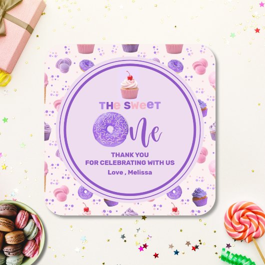 Schattige Roze Paarse Sweet One Patroon Verjaardag Vierkante Sticker