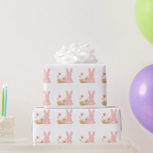Schattige Roze Paashaas met Lente Bloemen Cadeaupapier
