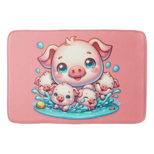 Schattige roze Piggy en Biggen in water   Badmat