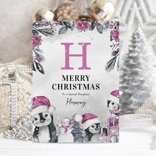 Schattige roze pinguïn dochter kerst kaart