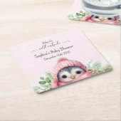 Schattige Roze Pinguïn Winter Baby shower Kartonnen Onderzetters (Schuin)