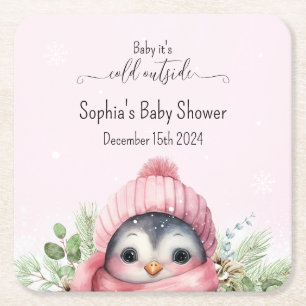 Schattige Roze Pinguïn Winter Baby shower Kartonnen Onderzetters
