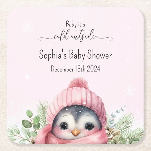 Schattige Roze Pinguïn Winter Baby shower Kartonnen Onderzetters (Voorkant)