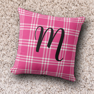 Schattige Roze Plaid Monogram Initialen Tartan Kussen