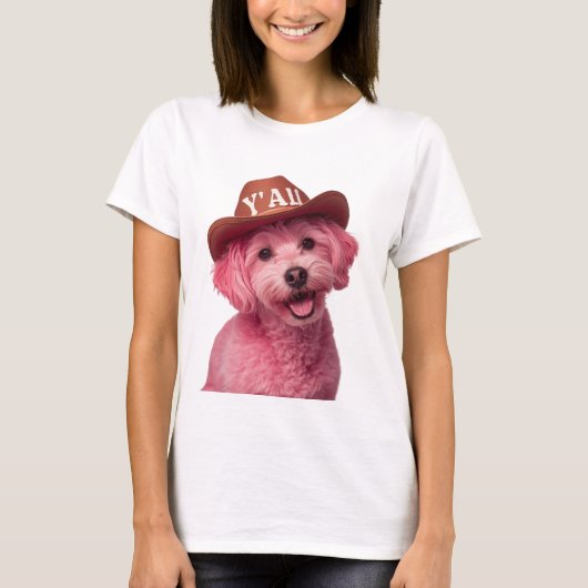 Schattige roze poedel in een Westerne stijl pet, b T-shirt (Voorkant)