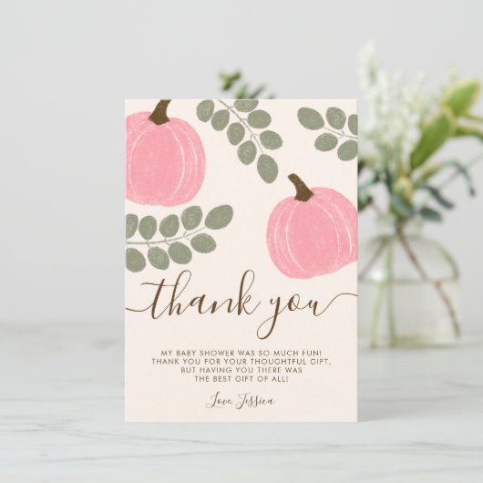Schattige Roze Pompoen Eucalyptus Herfst Baby show Bedankkaart (Staand voorkant)