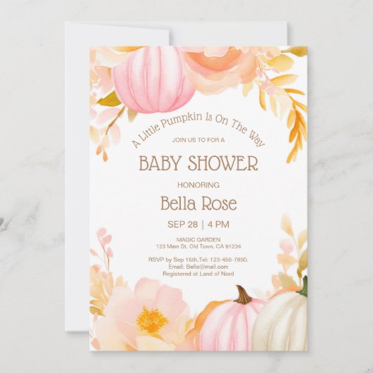 Schattige Roze Pompoen Herfst Baby shower Invitati Kaart (Voorkant)