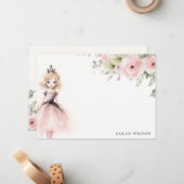 Schattige Roze Prinses Roos Bloemige Verjaardag Notitiekaartje (Voorkant / Achterkant in situ)