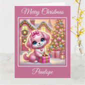 Schattige roze puppy in een kerststal kaart (Gele Bloem)