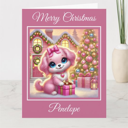 Schattige roze puppy in een kerststal kaart (Voorkant)