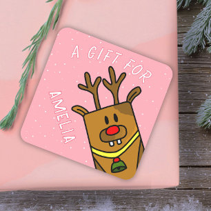Schattige Roze Rendier Kind Naam Kerstcadeau Vierkante Sticker