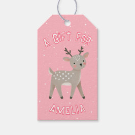 Schattige Roze Rendier Kind Naam Kerstmis  Cadeaulabel