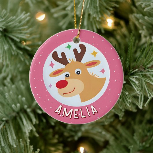 Schattige Roze Rendier Kind Naam Kerstmis Keramisch Ornament (Boom)