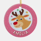 Schattige Roze Rendier Kind Naam Kerstmis Keramisch Ornament (Voorkant)