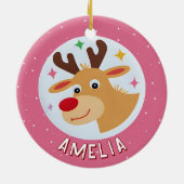 Schattige Roze Rendier Kind Naam Kerstmis Keramisch Ornament (Achterkant)