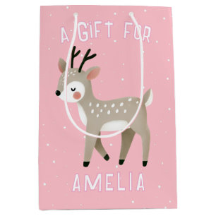 Schattige Roze Rendier Kind Naam Kerstmis  Medium Cadeauzakje