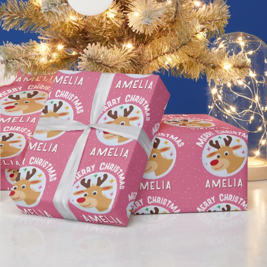 Schattige Roze Rendier Kinder Naam Vrolijk Kerstfe Cadeaupapier (Feestdagen)