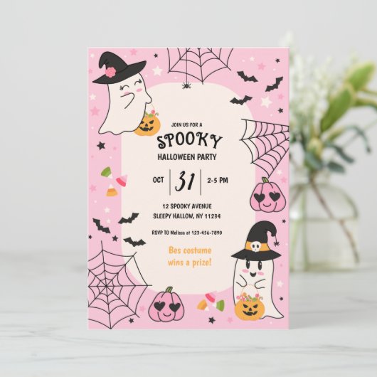 Schattige Roze Retro Halloween Feest Kaart (Staand voorkant)
