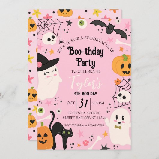 Schattige Roze Retro Verjaardag Halloween Feest Kaart (Voorkant / Achterkant)