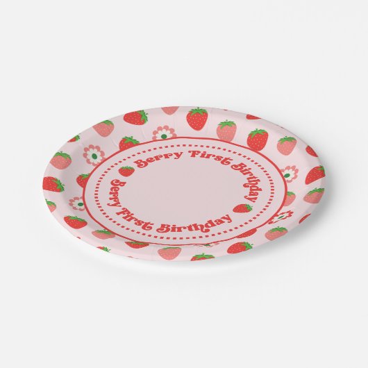 Schattige Roze Rode bessen Eerste Verjaardag Papieren Bordje (Gekanteld)