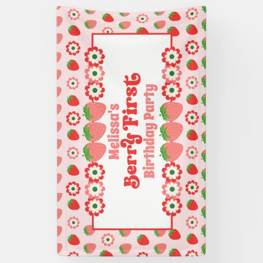 Schattige roze rode bessen eerste verjaardagsfeest spandoek (Verticaal)